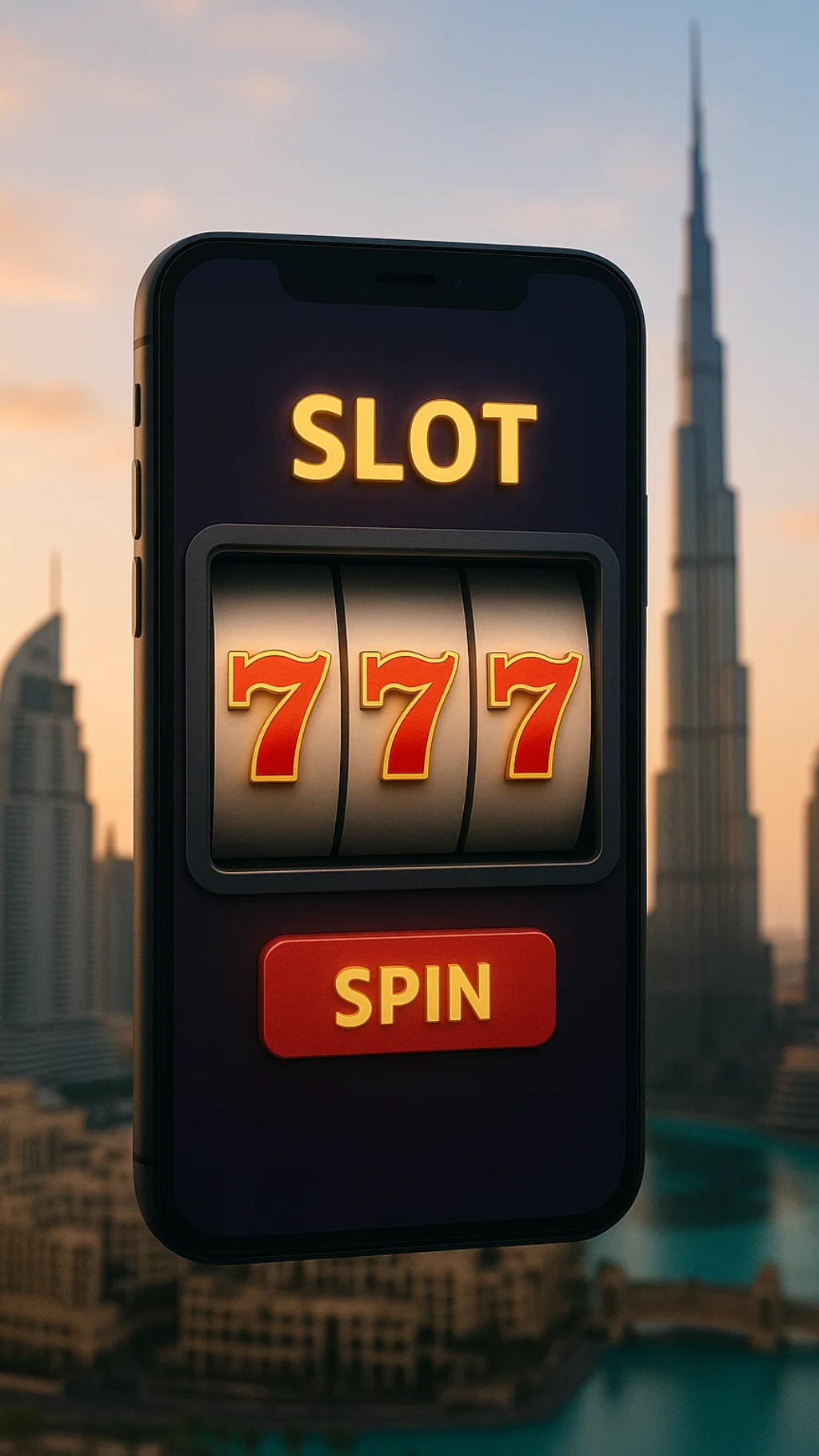 Dubai Casino App mockup showing a 777 slot on a phone against Dubai skyline